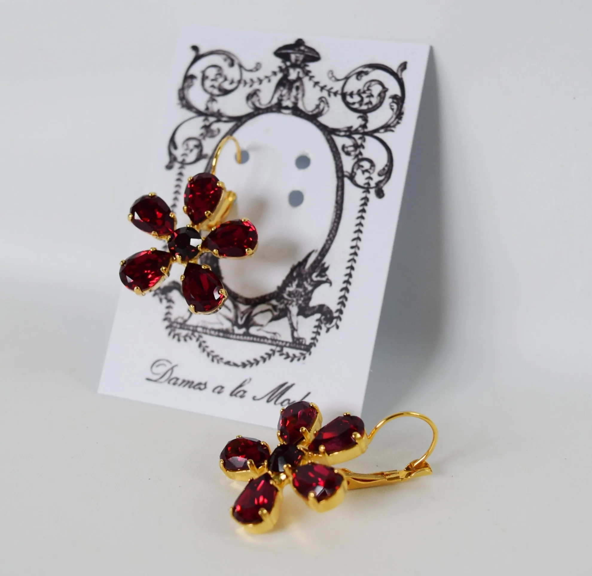 Dark Pink Georgian Floral Earrings - Swarovski Crystal