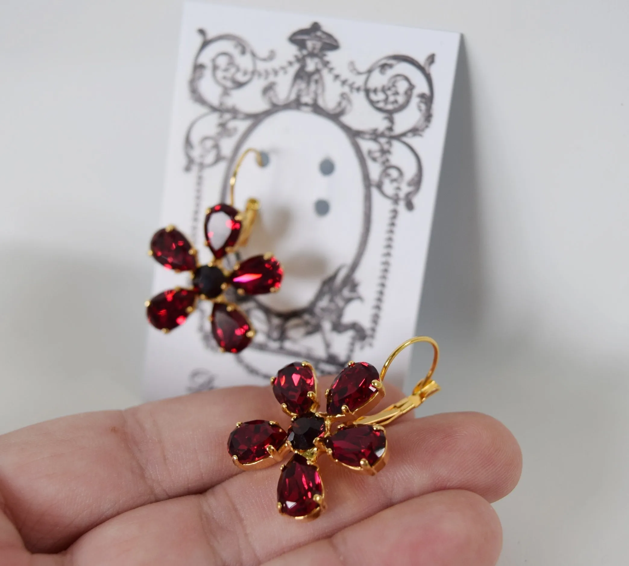 Dark Pink Georgian Floral Earrings - Swarovski Crystal