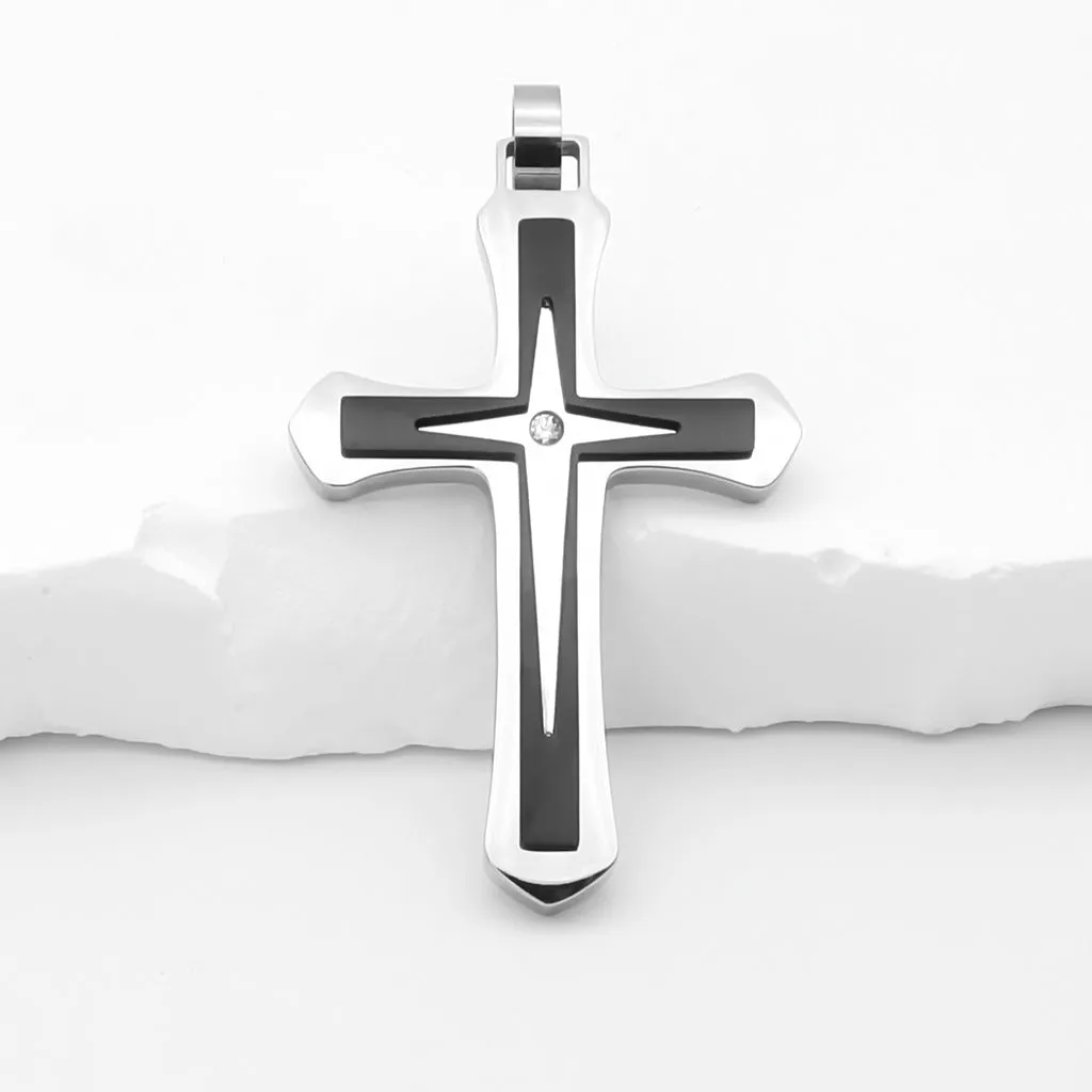 Double Layer Two-Tone Cross Pendant - Silver