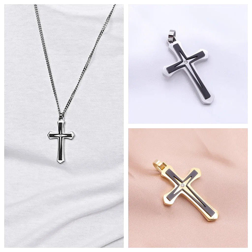 Double Layer Two-Tone Cross Pendant - Silver