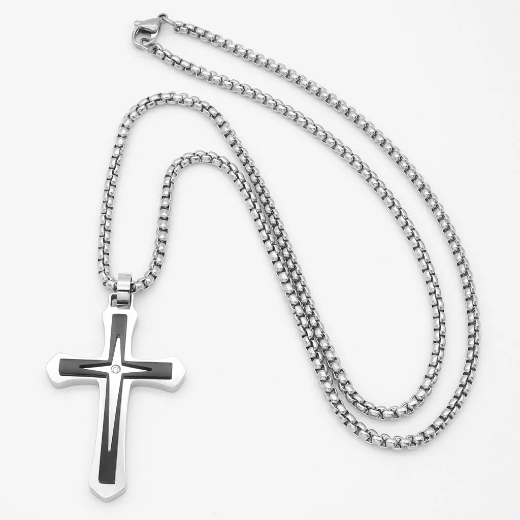 Double Layer Two-Tone Cross Pendant - Silver