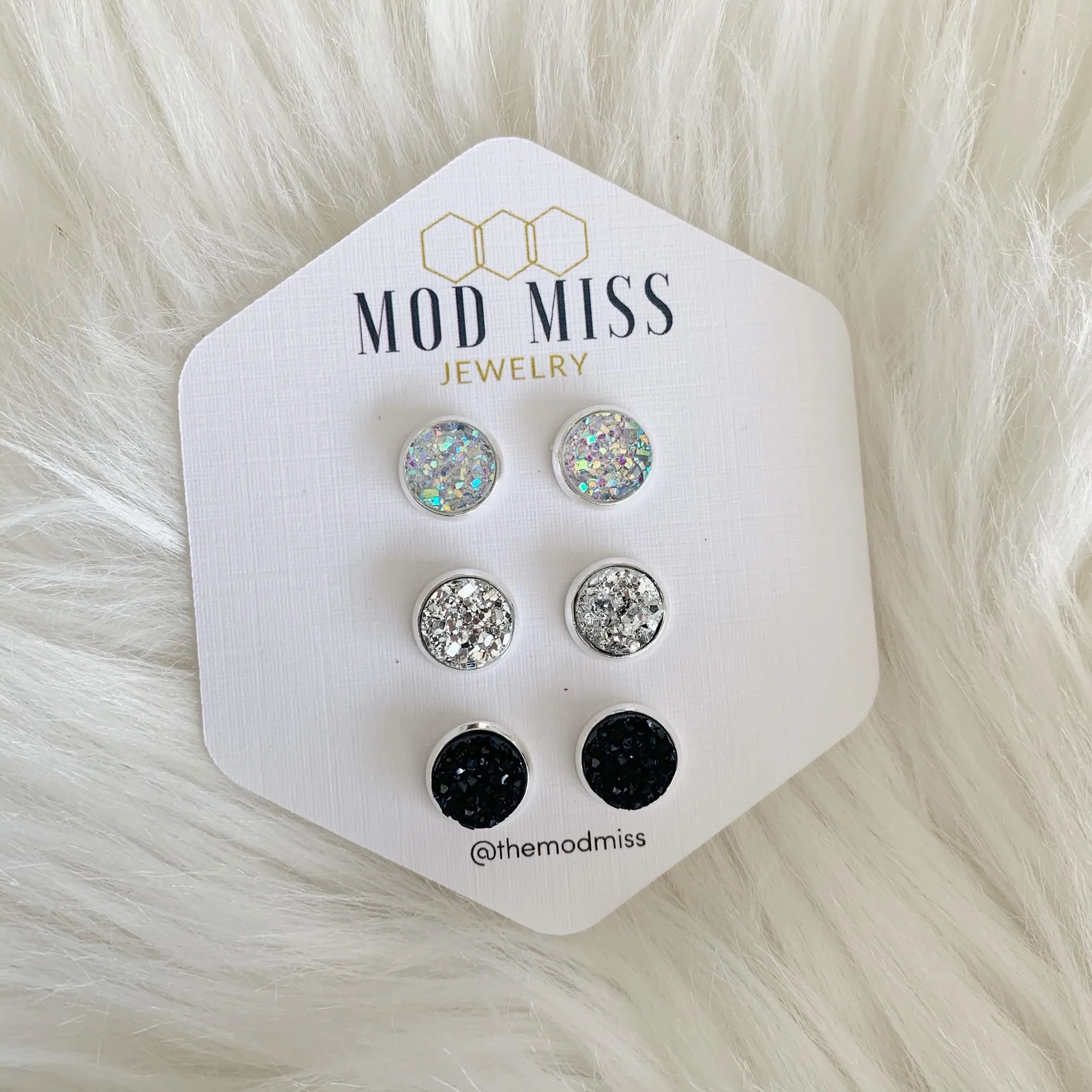 Druzy Stud Earring Set of 3 Clear, Silver, & Black in Silver Setting