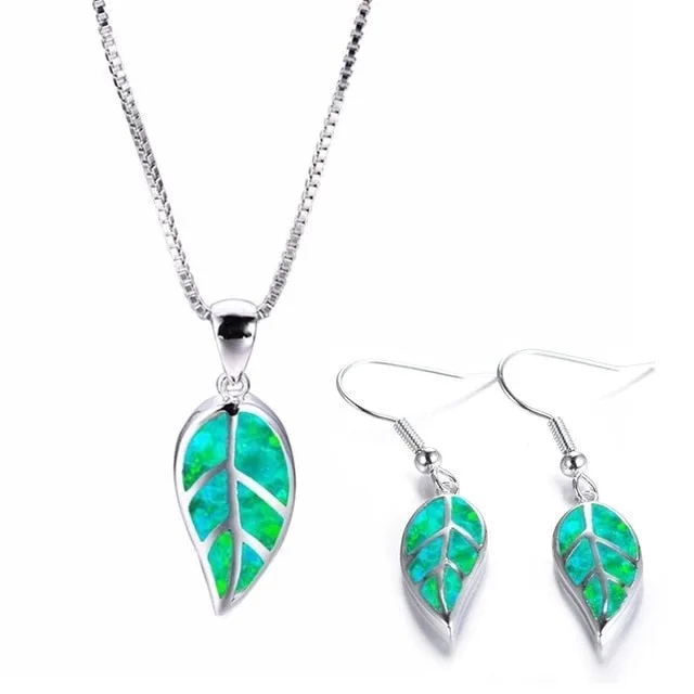 Elegant Leaves Fire Opal Necklace & Earrings Trendy Fashion Jewelry Set