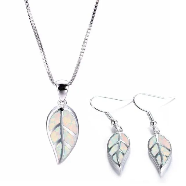 Elegant Leaves Fire Opal Necklace & Earrings Trendy Fashion Jewelry Set