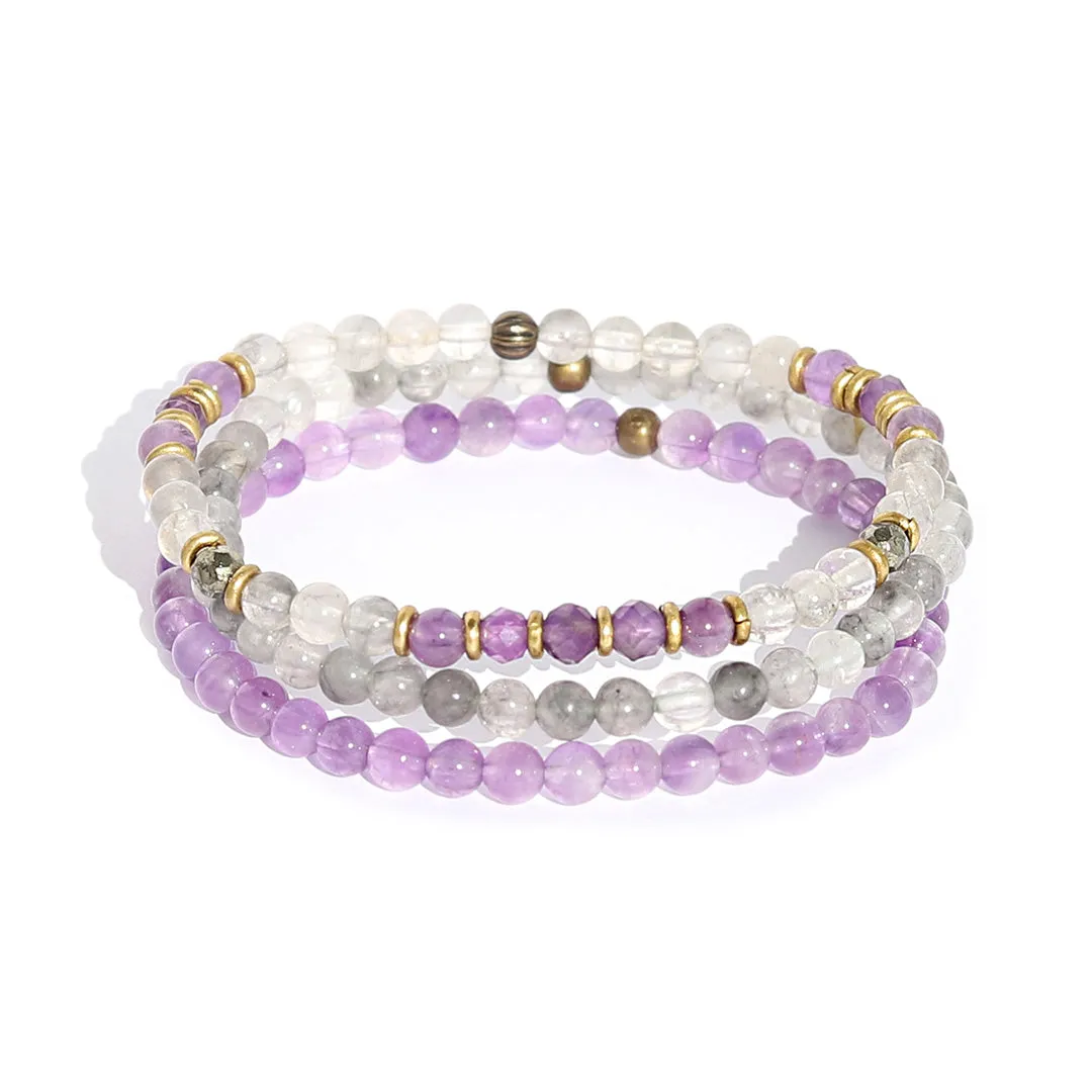 Emotional Healing Cloudy Quartz Crystal and Amethyst Delicate Bracelet Stack