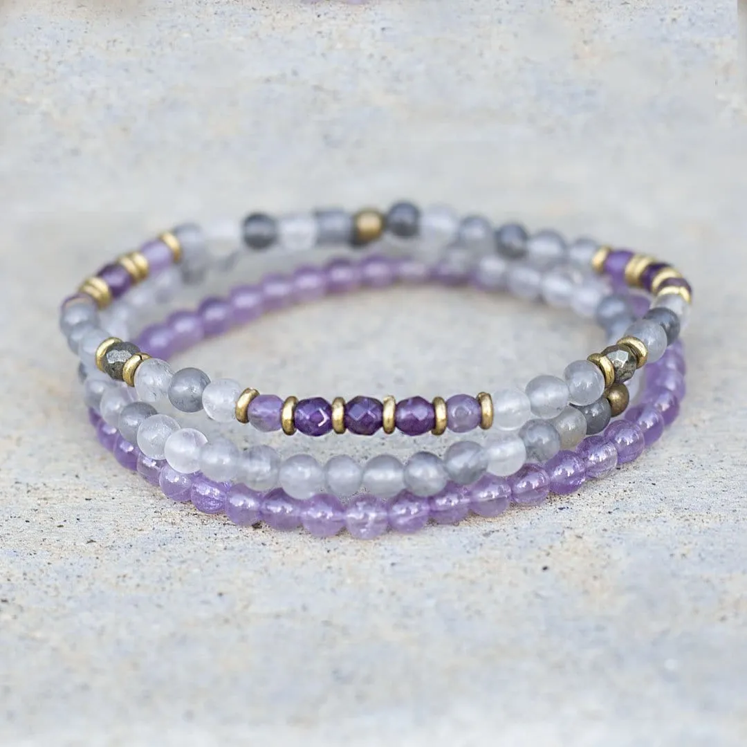 Emotional Healing Cloudy Quartz Crystal and Amethyst Delicate Bracelet Stack