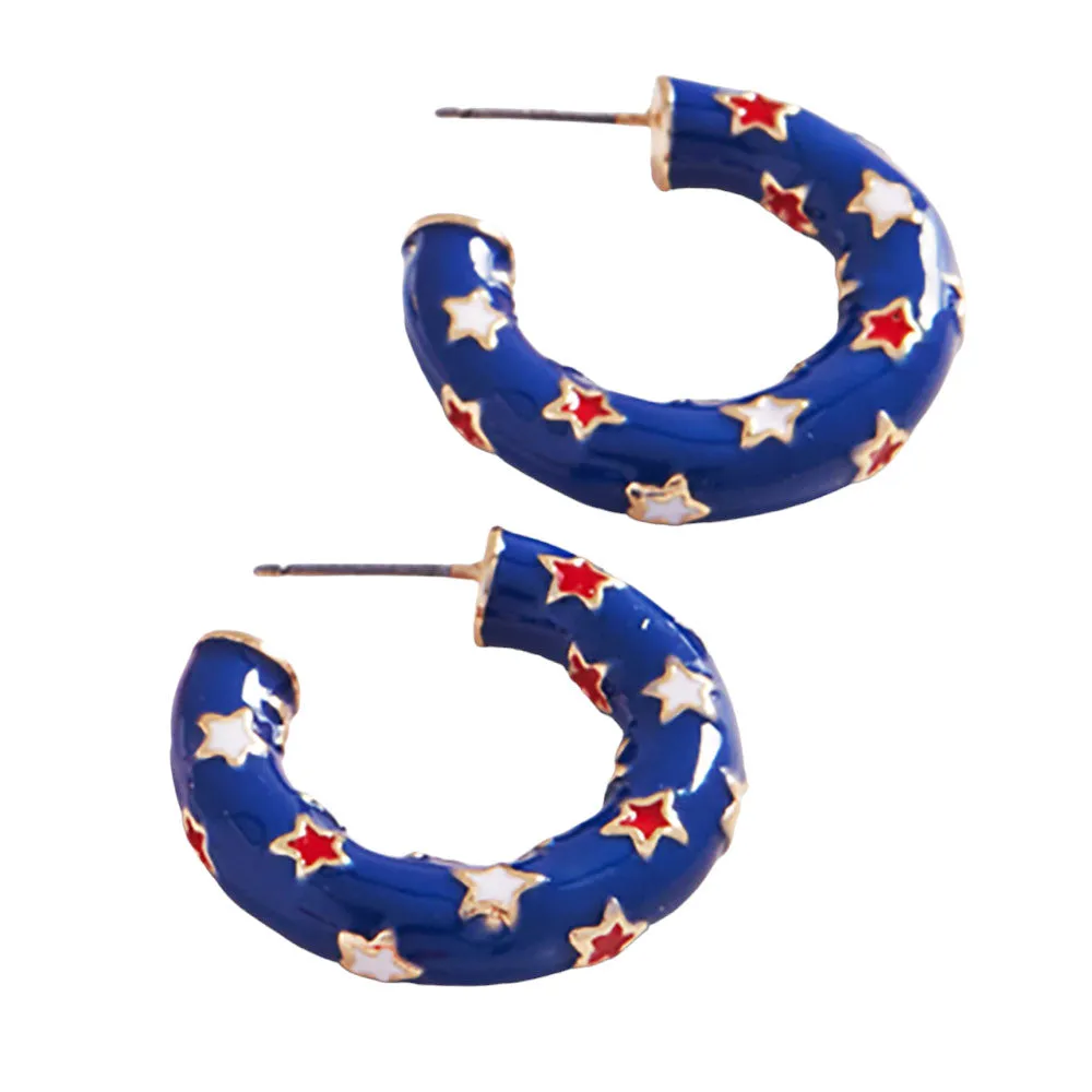 Enamel American USA Flag Pattern Hoop Earrings