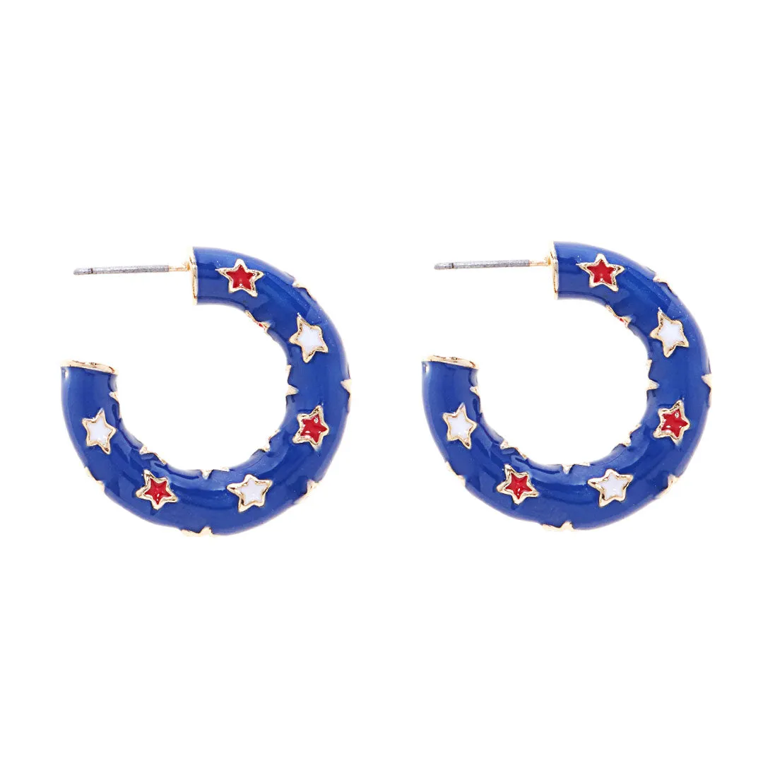 Enamel American USA Flag Pattern Hoop Earrings