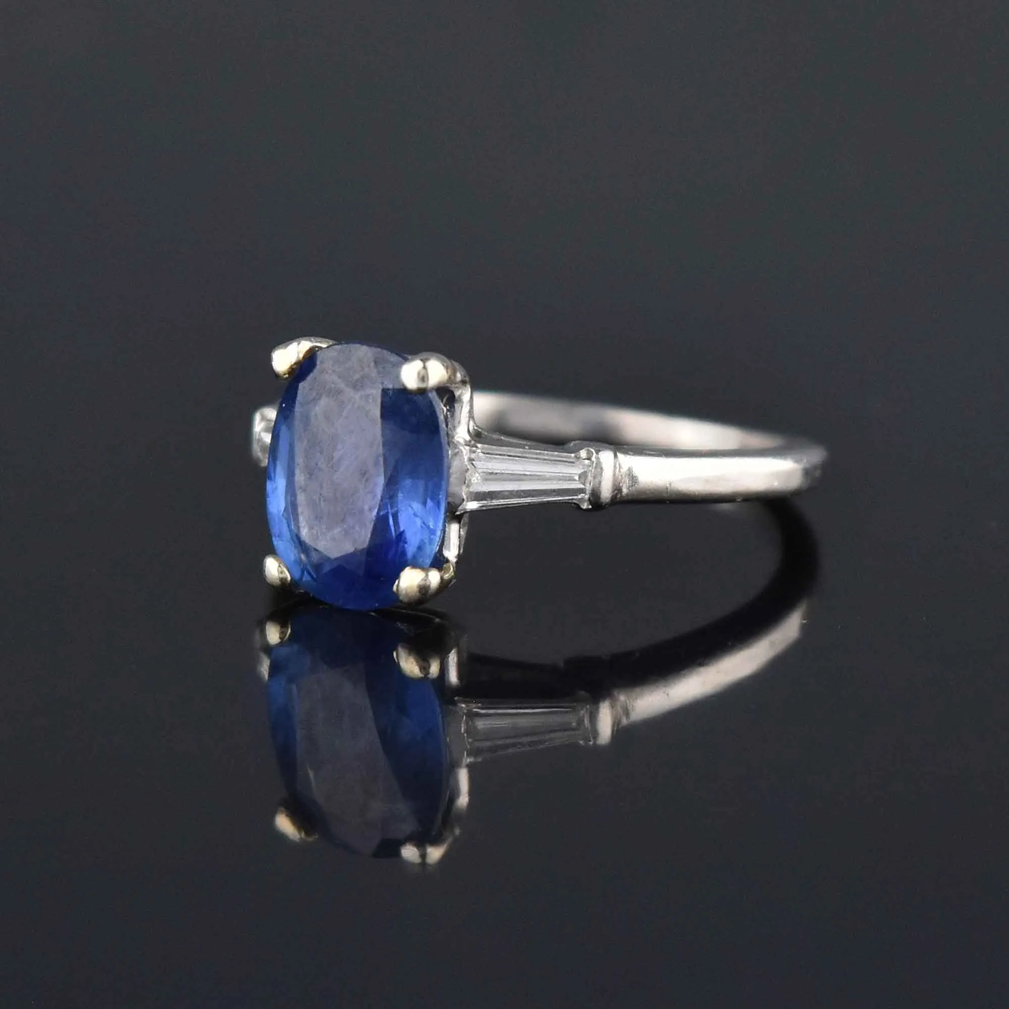 Estate Platinum Natural Sapphire Baguette Diamond Ring