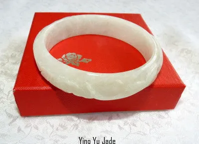 Fish and Flowers Carved Burmese Jadeite Bangle Bracelet 57.5mm BB28992)