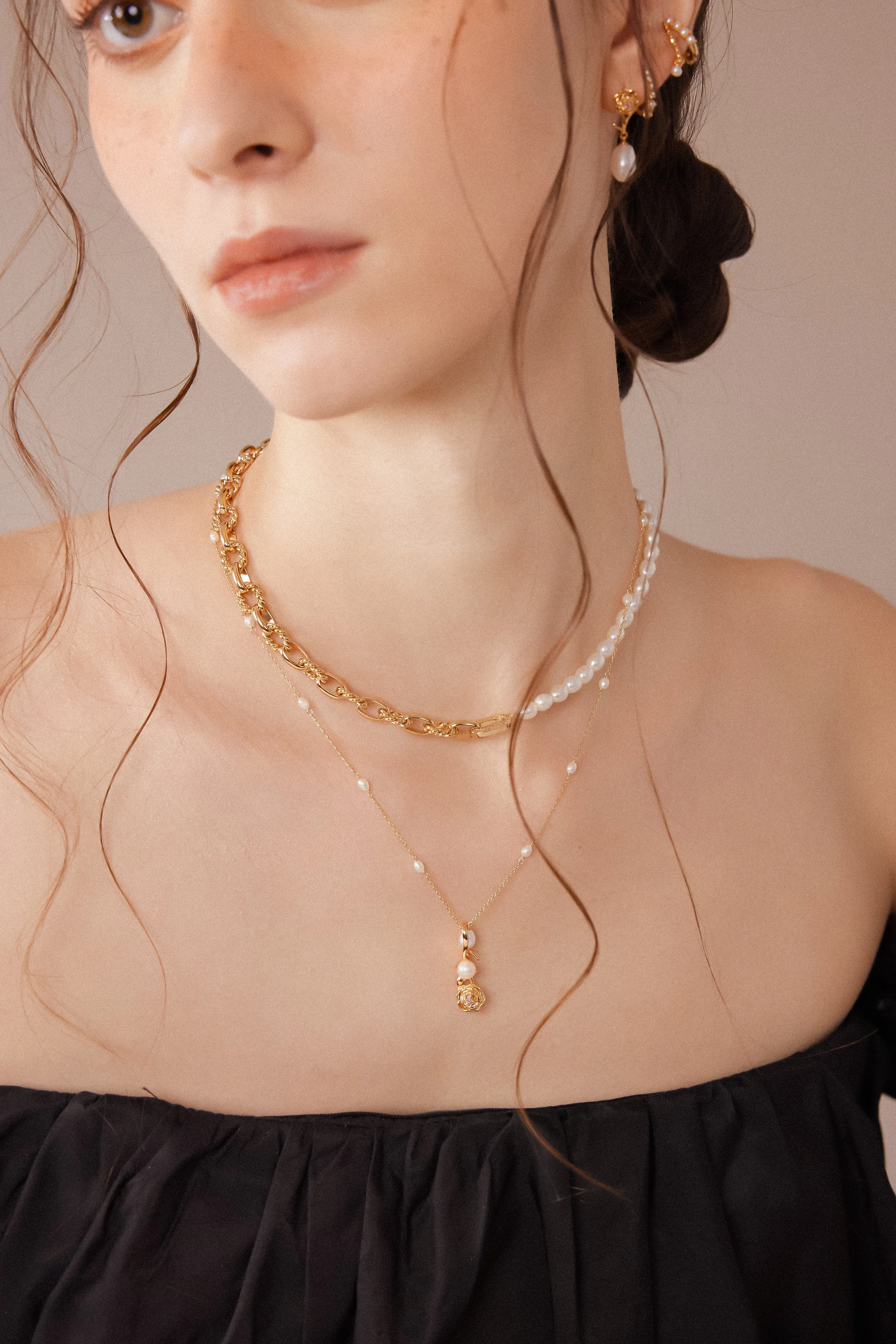 Freshwater Pearl Gold Link Choker/Double Bracelet