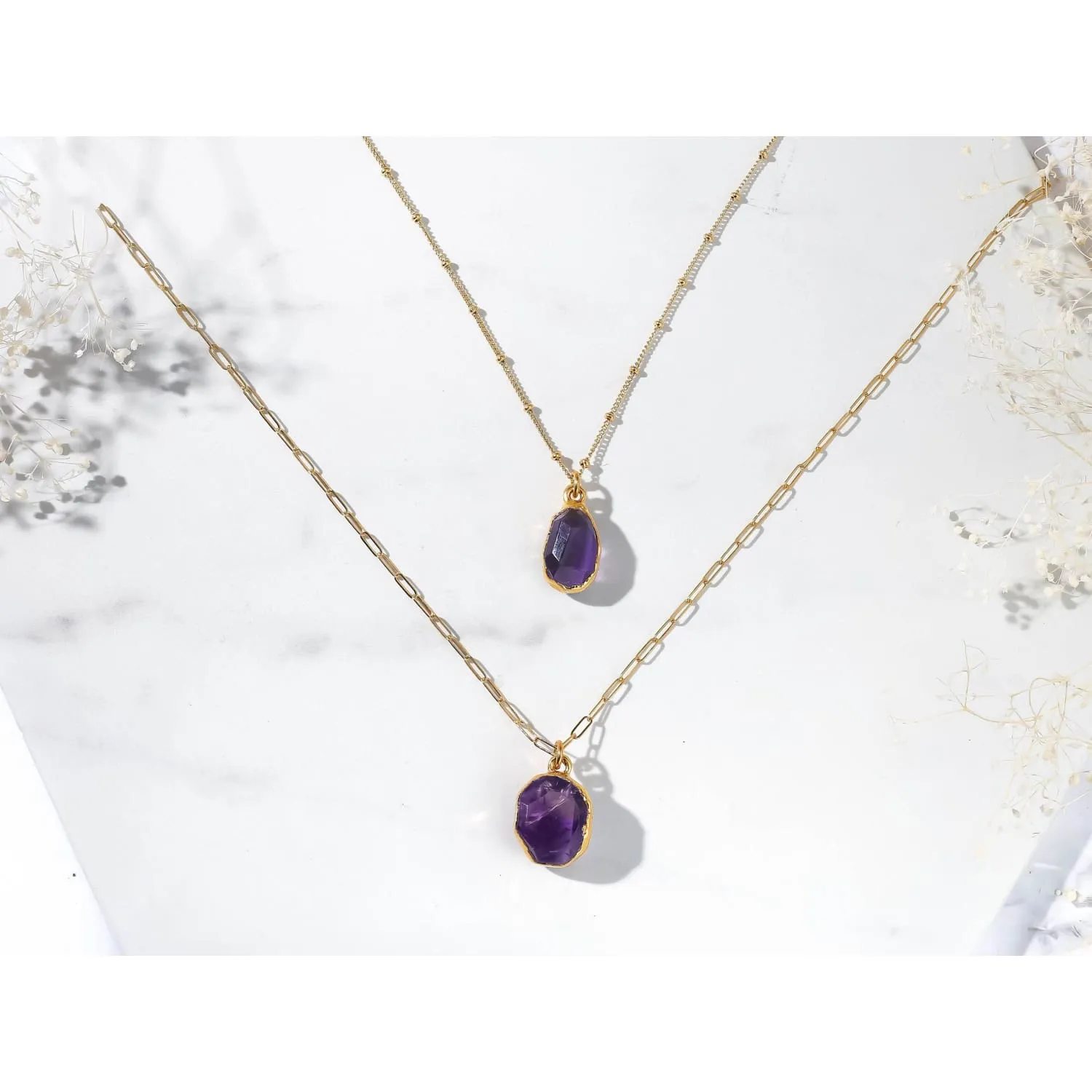 Geo Raw Amethyst Necklace with Paperclip Chain