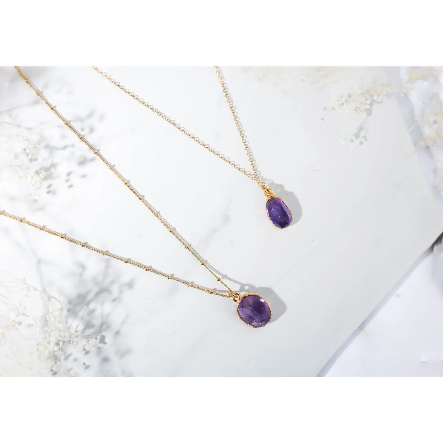 Geo Raw Amethyst Necklace with Paperclip Chain