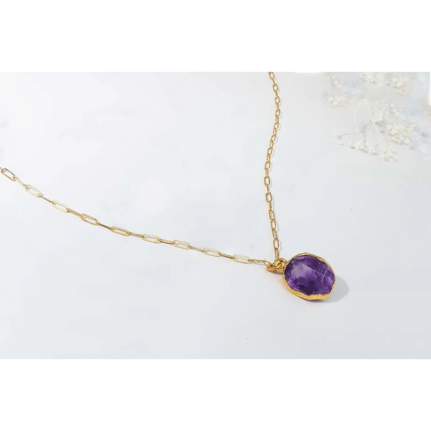 Geo Raw Amethyst Necklace with Paperclip Chain