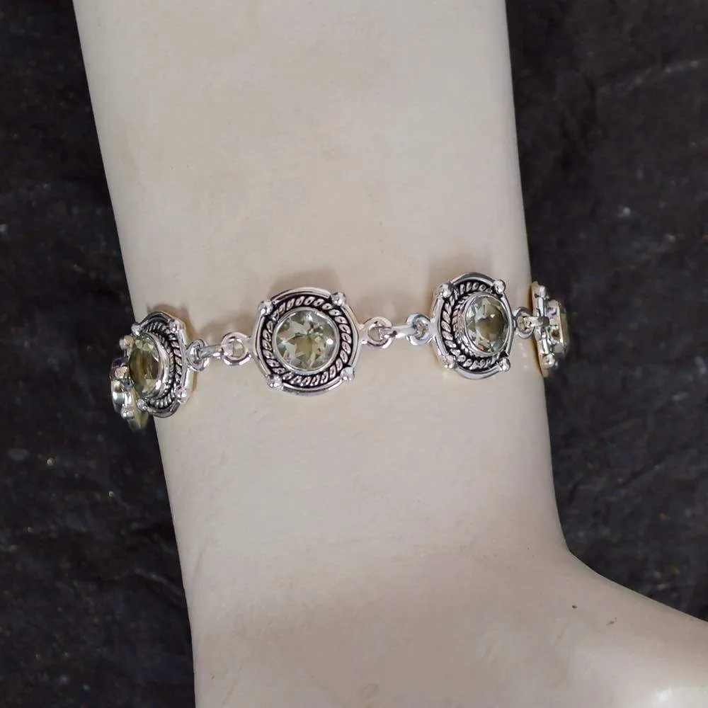 Gorgeous Round Shape Green Amethyst Gemstone Bracelet, 925 Sterling Silver Bracelet