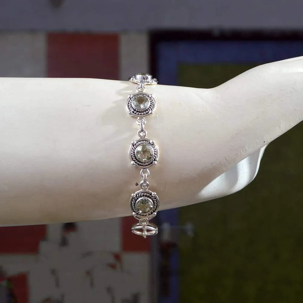 Gorgeous Round Shape Green Amethyst Gemstone Bracelet, 925 Sterling Silver Bracelet