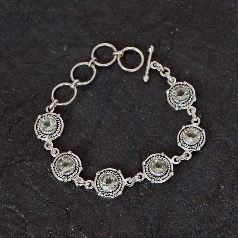 Gorgeous Round Shape Green Amethyst Gemstone Bracelet, 925 Sterling Silver Bracelet