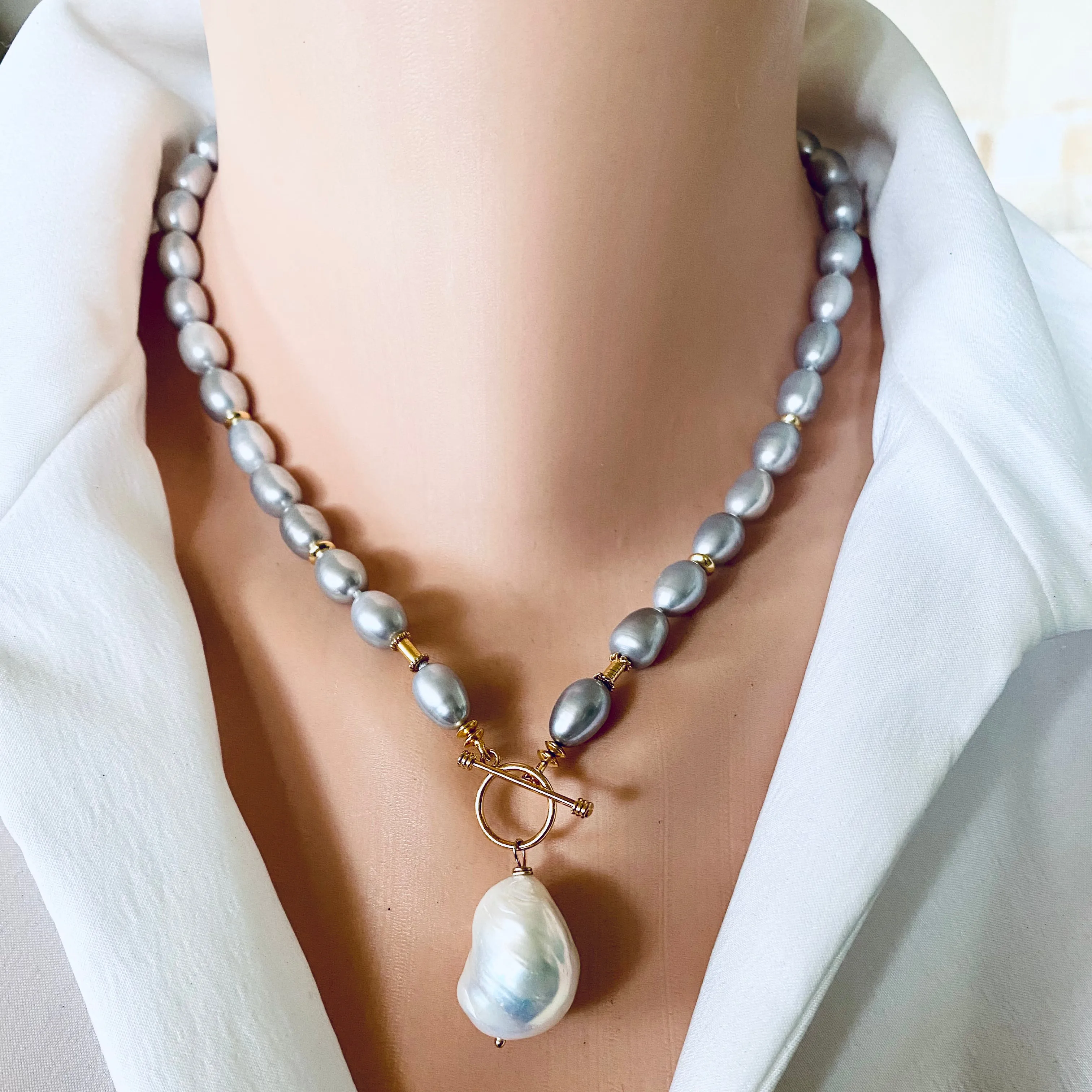 Grey Pearl Toggle Necklace with White Baroque Pearl Pendant, Gold Vermeil Silver Plated Details, 18.5inches