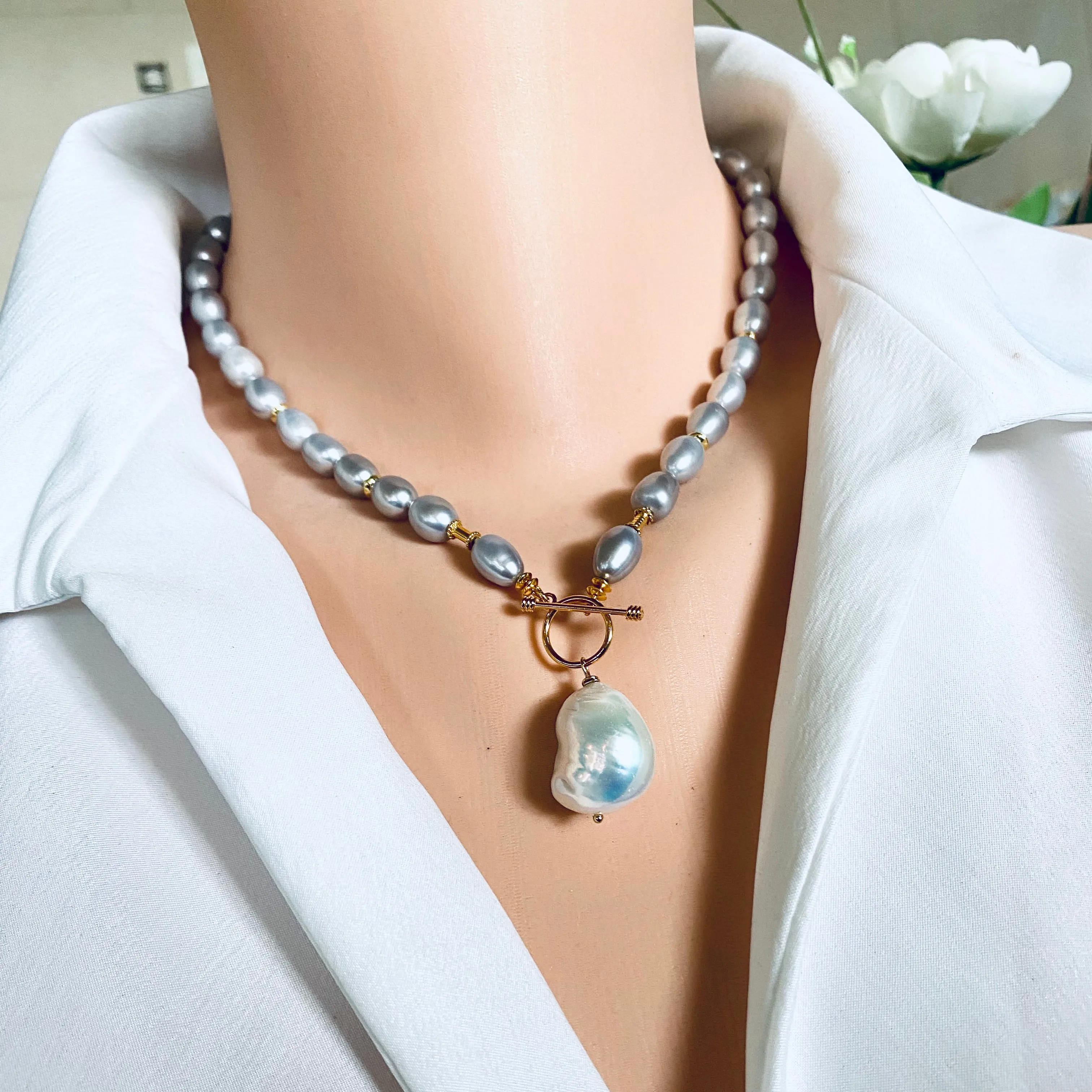 Grey Pearl Toggle Necklace with White Baroque Pearl Pendant, Gold Vermeil Silver Plated Details, 18.5inches