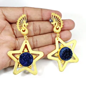 Handmade Blue Druzy Earring-Statement Hanging Dangling Women Earrings-Gold Plated Jewelry