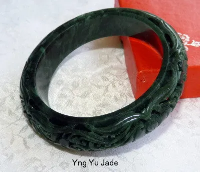 Happiness and Satisfaction in Life Deep Green Black Dynasty Style Carved Jade Bangle 62 mm  (DC118)