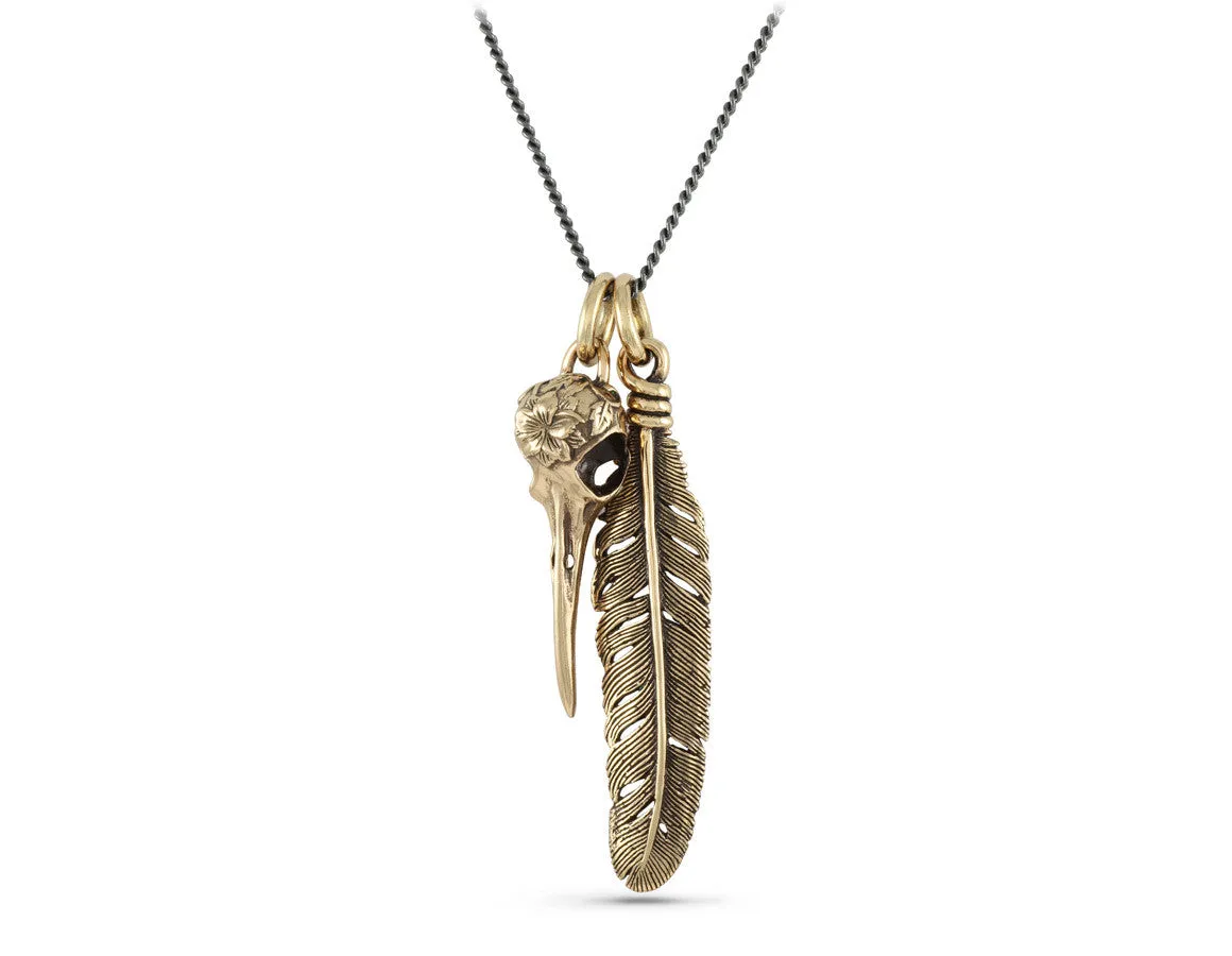 Hummingbird Skull & Feather Necklace - Bronze