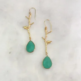 Ibon on Branches with Mint Green Chalcedony Double Drop Earrings