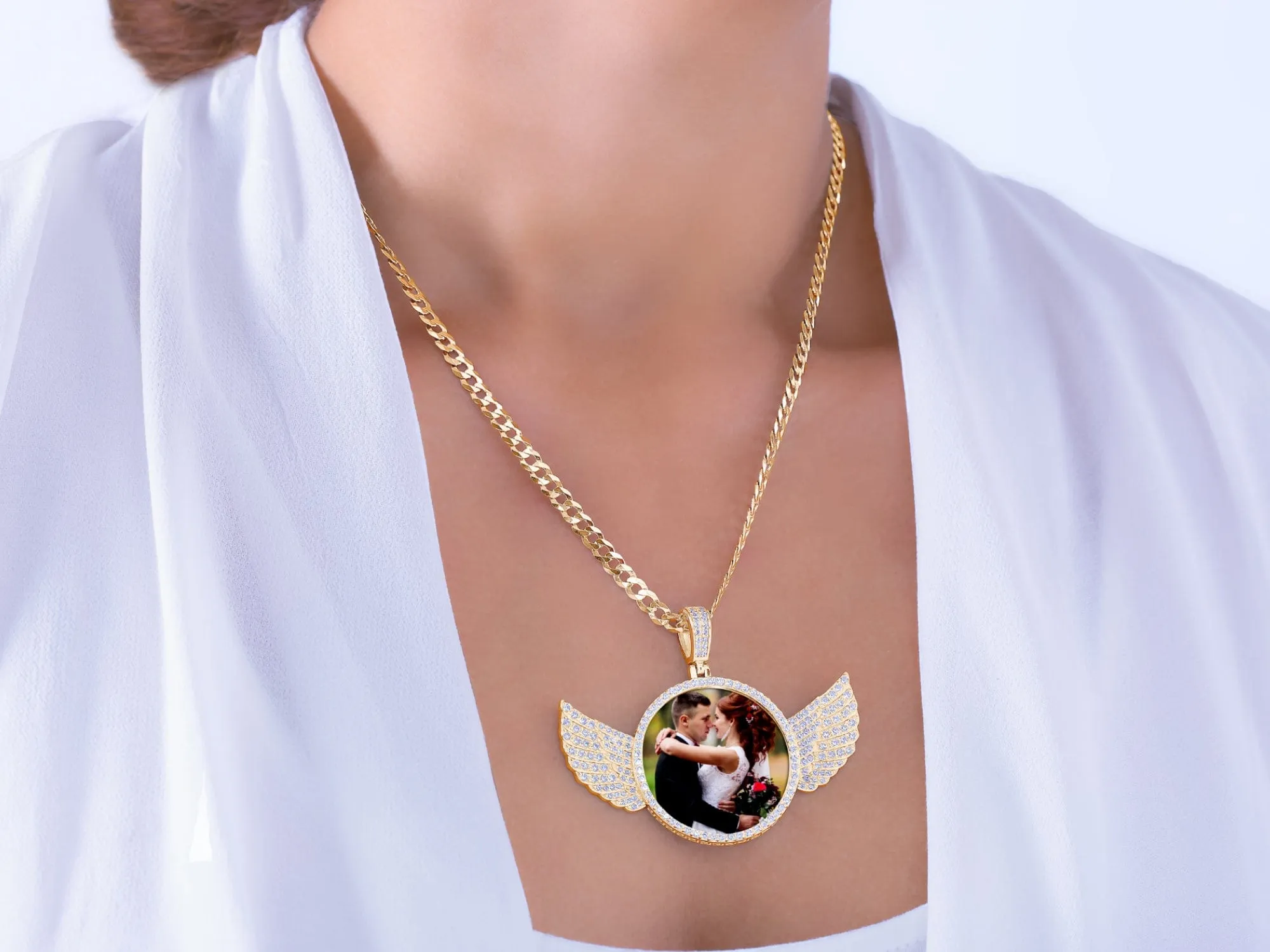 Iced Out Round Photo Pendant with Wings