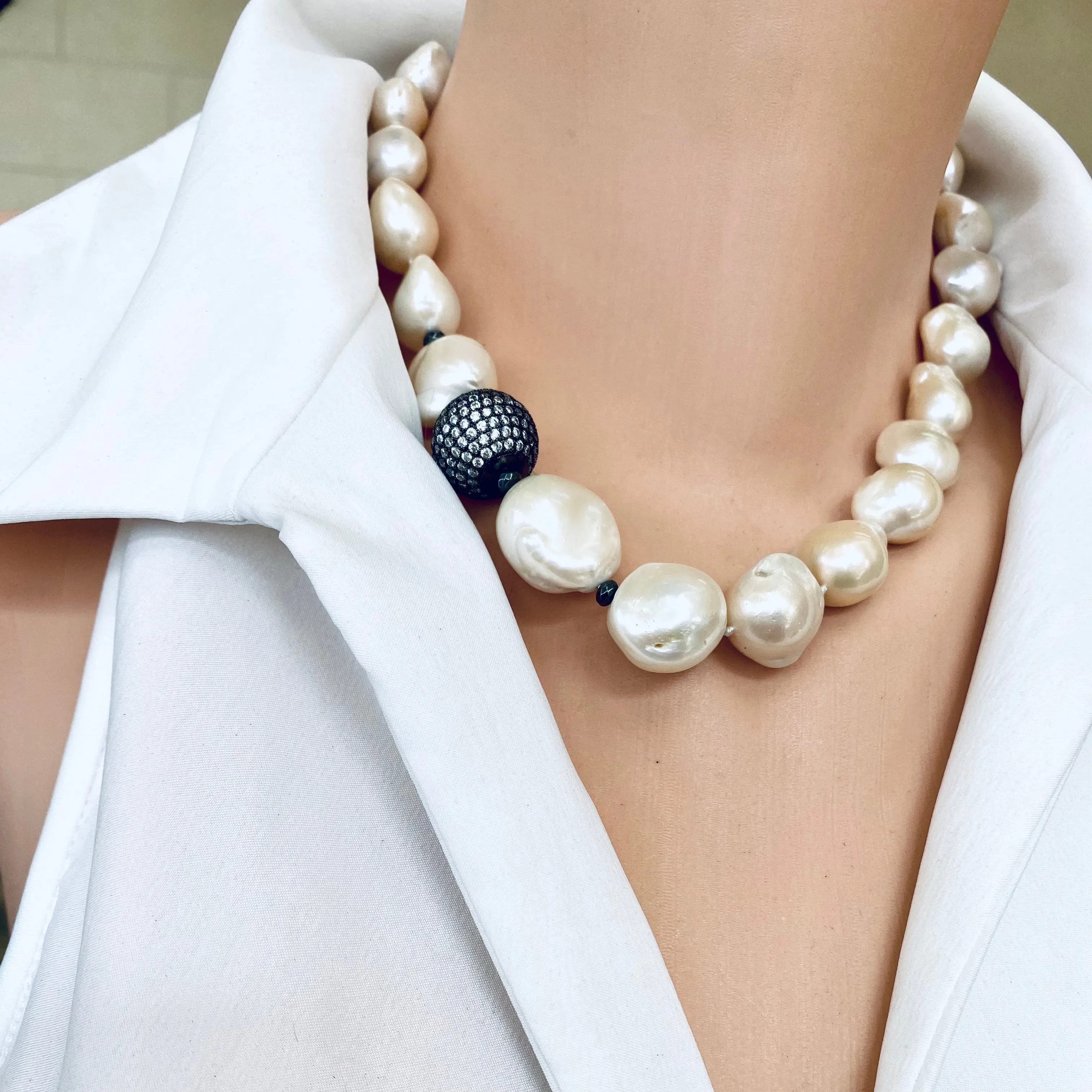 Ivory Baroque Pearl Necklace, Black Rhodium Plated Silver Details, Pave Cubic Zirconia Ball Spacer, 18in