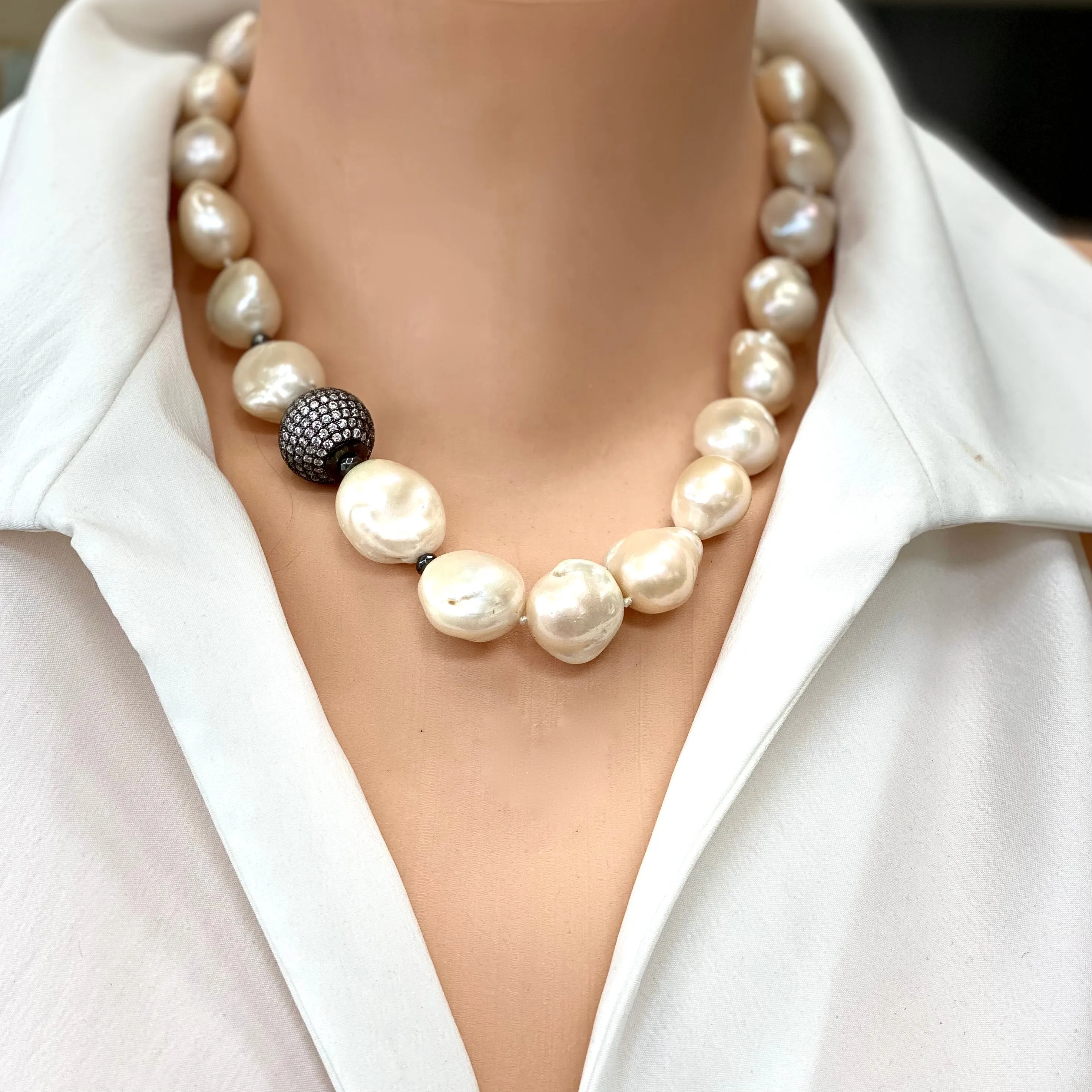 Ivory Baroque Pearl Necklace, Black Rhodium Plated Silver Details, Pave Cubic Zirconia Ball Spacer, 18in