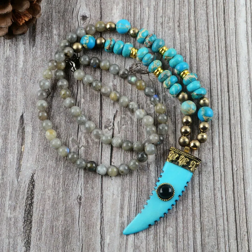 Labradorite Blue Turquoise Horn Pendant Long Necklace