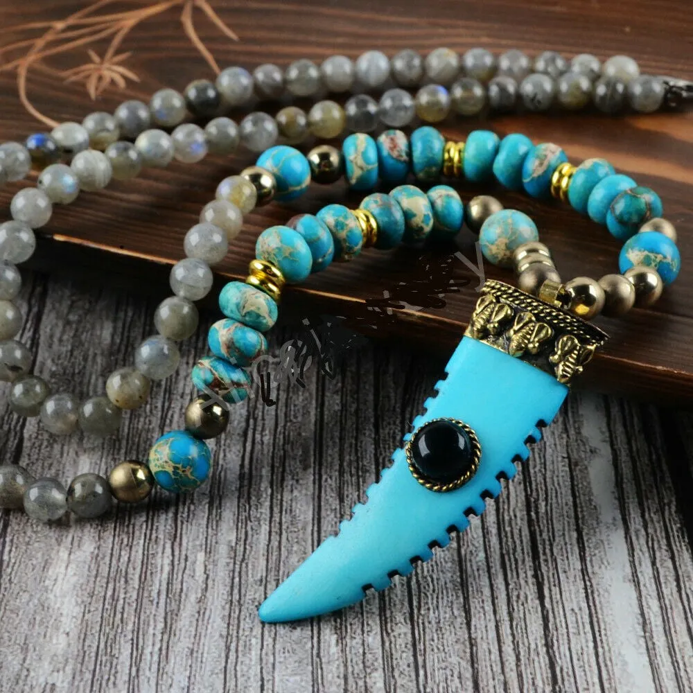 Labradorite Blue Turquoise Horn Pendant Long Necklace