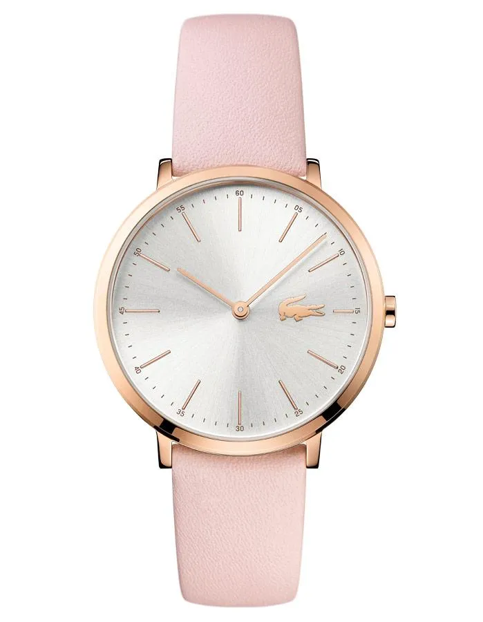 Lacoste Moon Ultra Slim Womens Watch - Rose-Tone - Silver Dial - Pink Leather