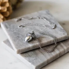 Long Silver Acorn Pendant Necklace