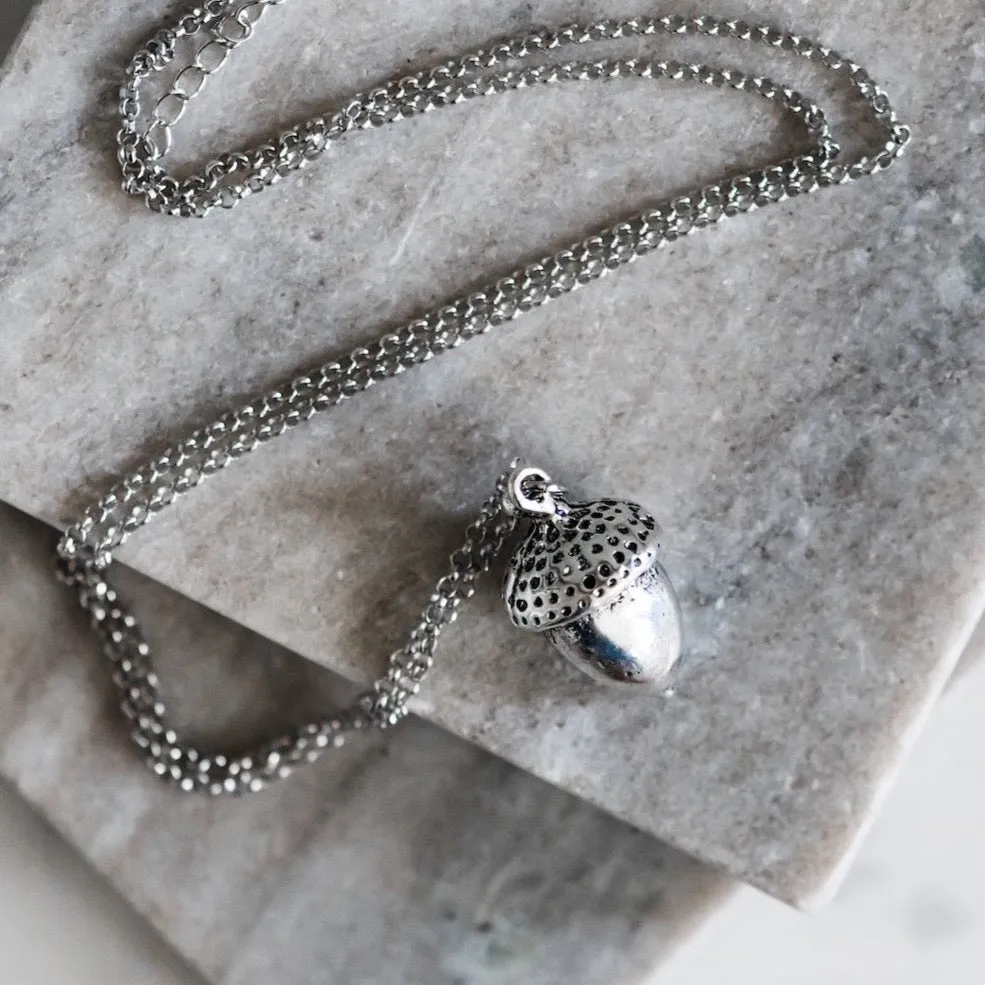 Long Silver Acorn Pendant Necklace