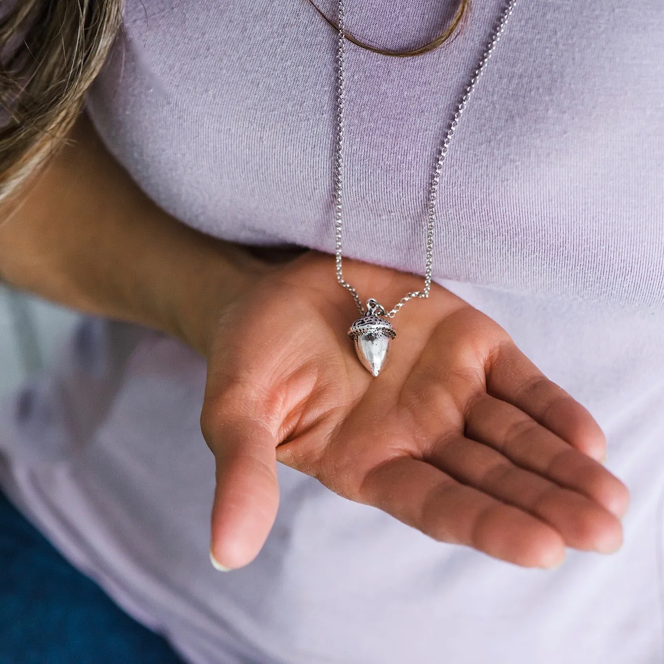 Long Silver Acorn Pendant Necklace