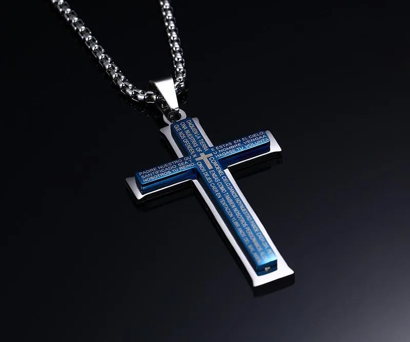 Lord's Prayer Stainless Steel Blue Plated Cross Pendant Necklace