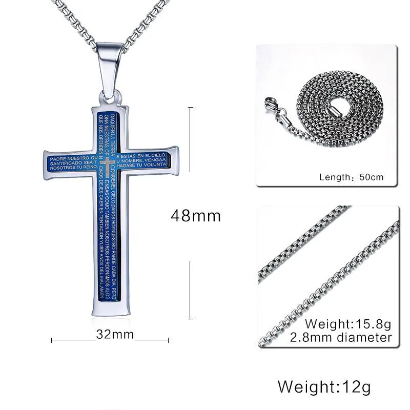 Lord's Prayer Stainless Steel Blue Plated Cross Pendant Necklace