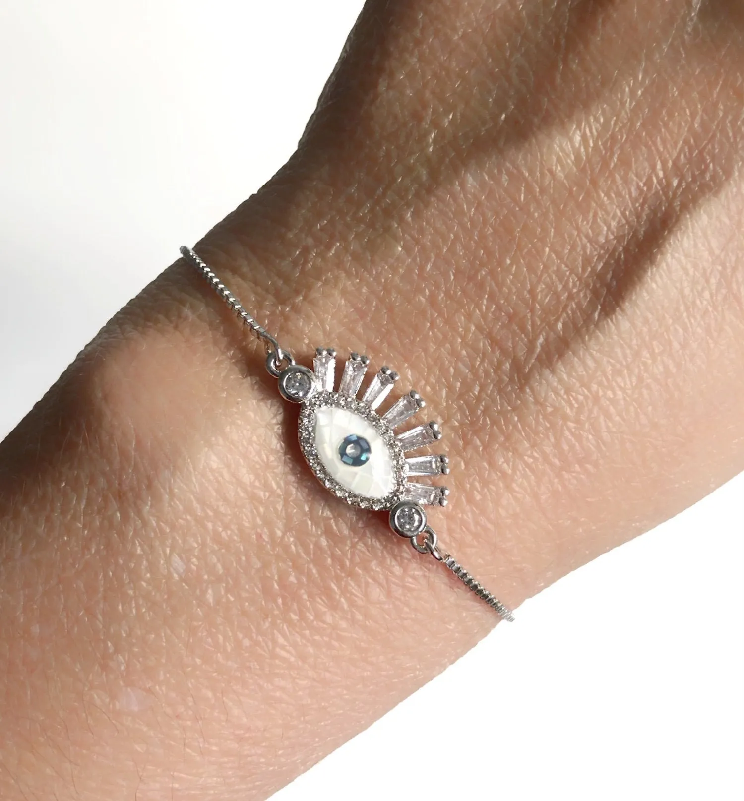 Lucky Charm Silver Plated Evil Eye CZ Abalon Bracelet