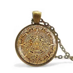 Mayan Calendar Bronze Pendant with Archaeological Glass Image