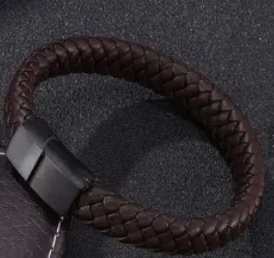 Men's Magnetic Leather braided Bracelet with Stainless Steel Clasp 3 Sizes - Brown with Black Clasp