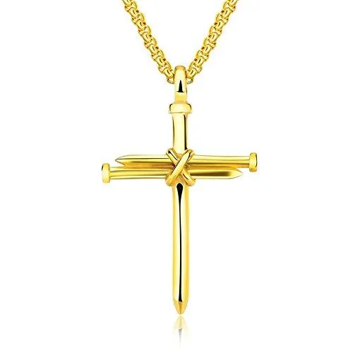 Men's Stainless Steel Pendant Necklace Nail Cross Polished Gold Silver Black