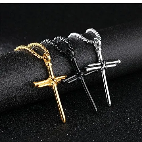 Men's Stainless Steel Pendant Necklace Nail Cross Polished Gold Silver Black