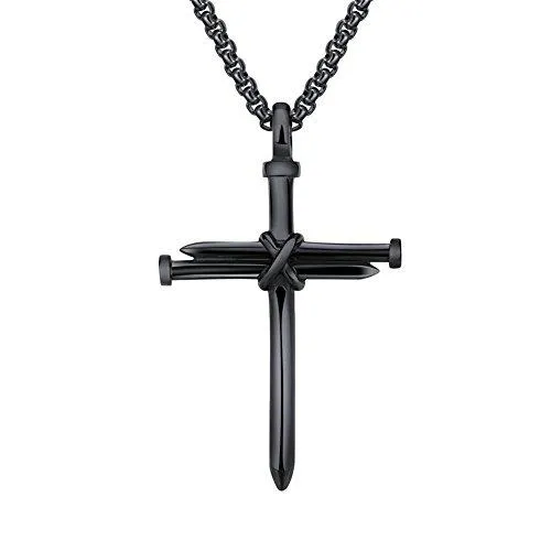 Men's Stainless Steel Pendant Necklace Nail Cross Polished Gold Silver Black