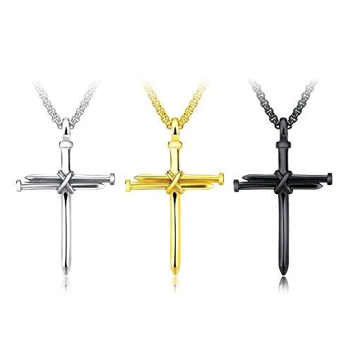 Men's Stainless Steel Pendant Necklace Nail Cross Polished Gold Silver Black