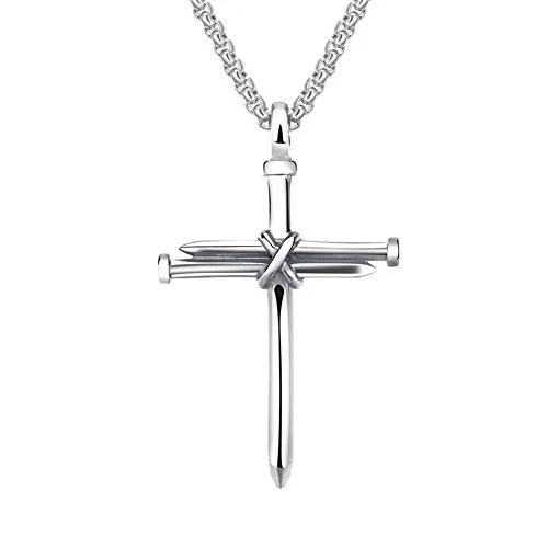 Men's Stainless Steel Pendant Necklace Nail Cross Polished Gold Silver Black