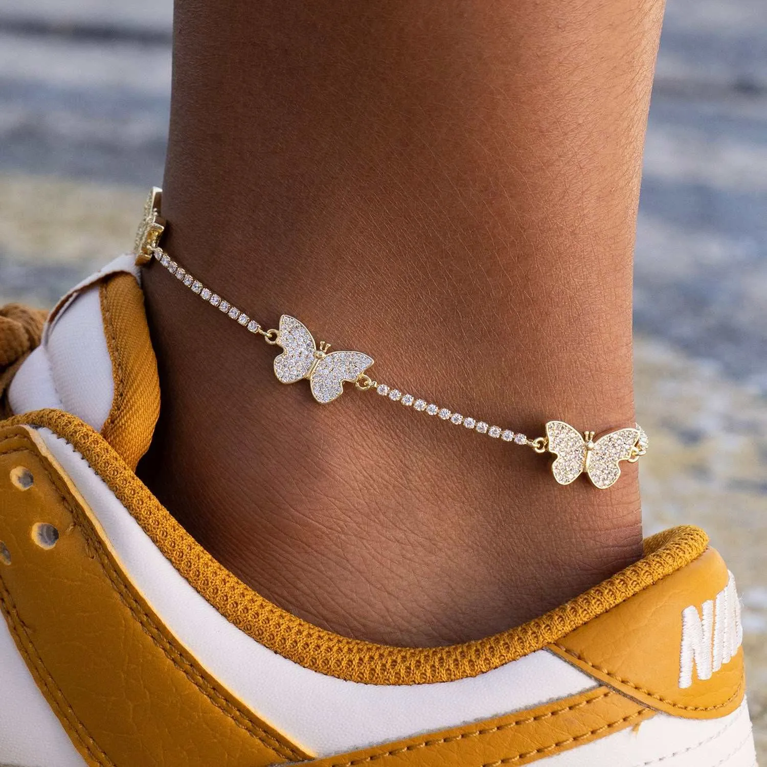 Micro Butterfly Necklace   Anklet Bundle- Yellow Gold