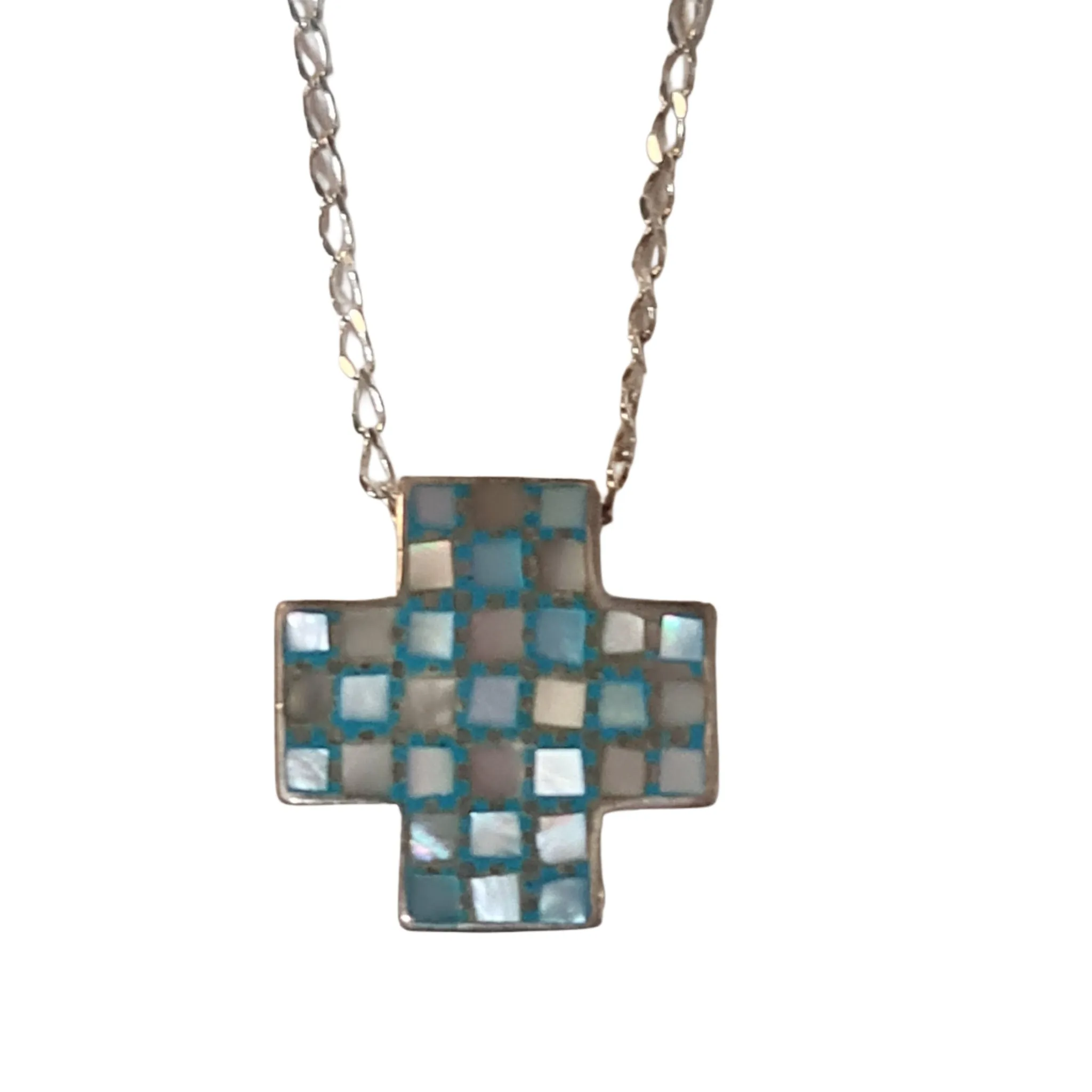 Mosaic Mother of Pearl Cross Pendant Necklace