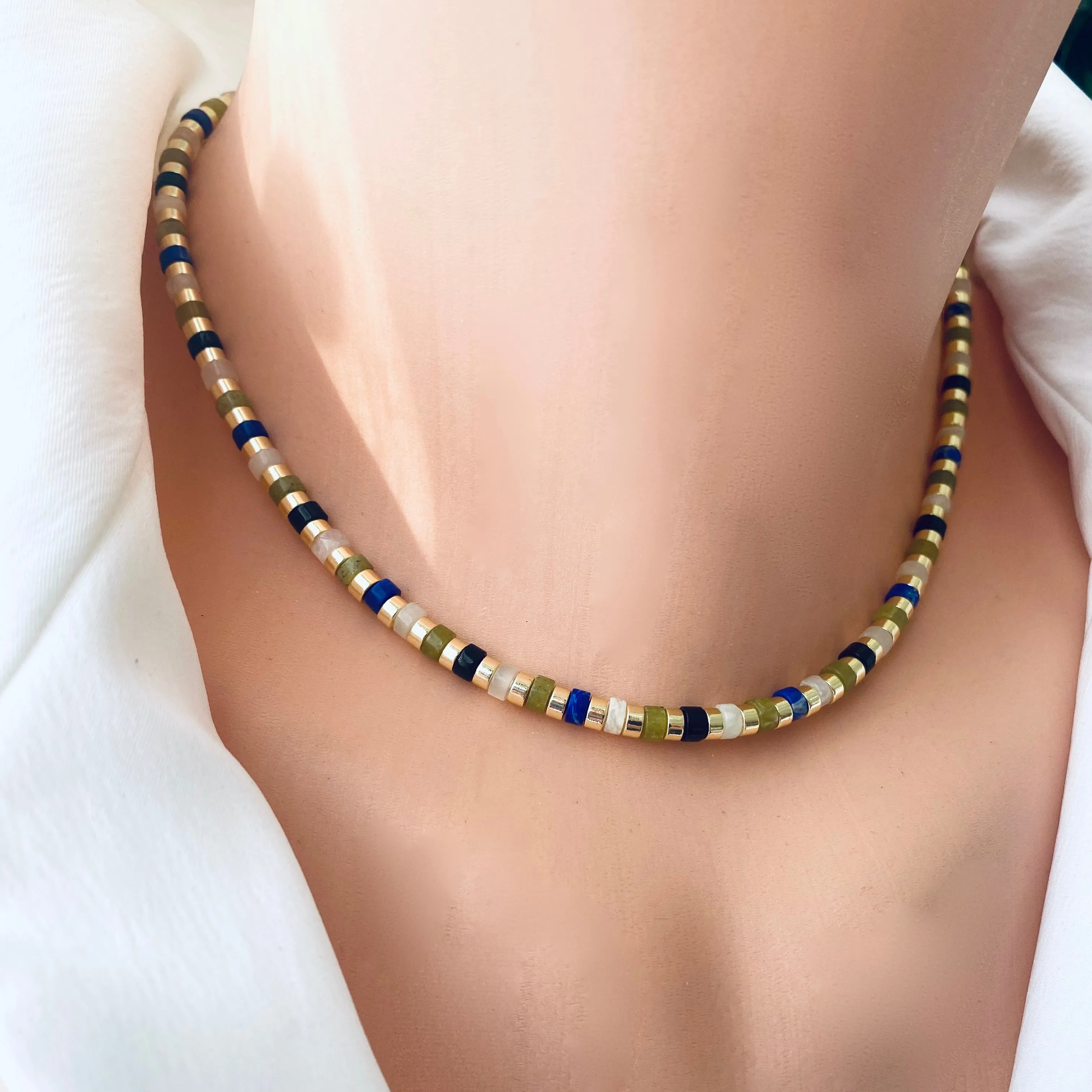 Multi Color Gemstones Choker Necklaces with Gold Coated Hematite Tire Beads, Gold Plated Brass, 16inches