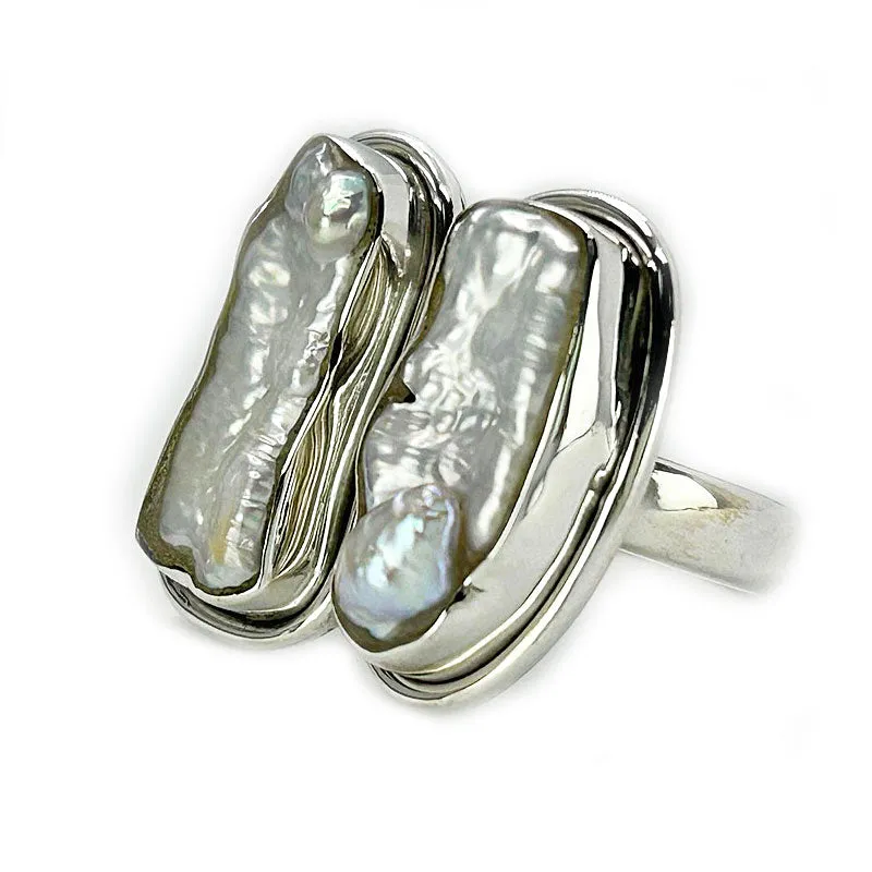 Elegant Sterling Silver Ring with Genuine Natural Biwa Pearl